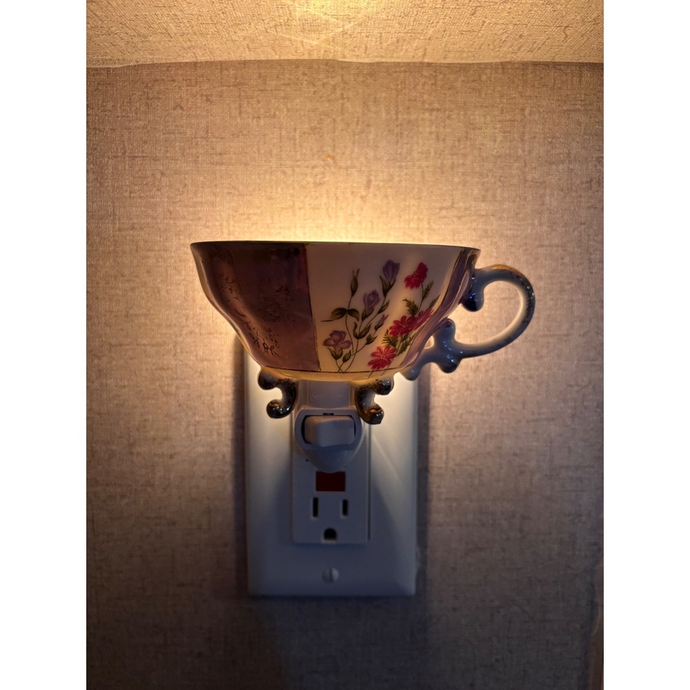 Handcrafted Vintage Porcelain Teacup Night Light Floral Cobalt Blue Gold Luster